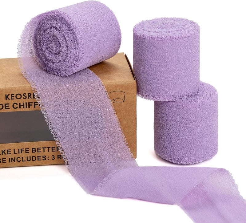 KEOSREE Purple Lavender Handmade Chiffon Ribbon,1.5" x 21Yd Frayed Silk Ribbons for Wreaths Bridal Flower Bouquet Christmas Gift Wrapping Wedding Decor Invitations Decorations (7Yards X 3 Rolls) - Image 1